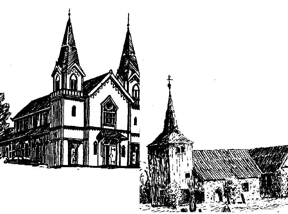 Tegning Frydendal kirke og Søndeled kirke